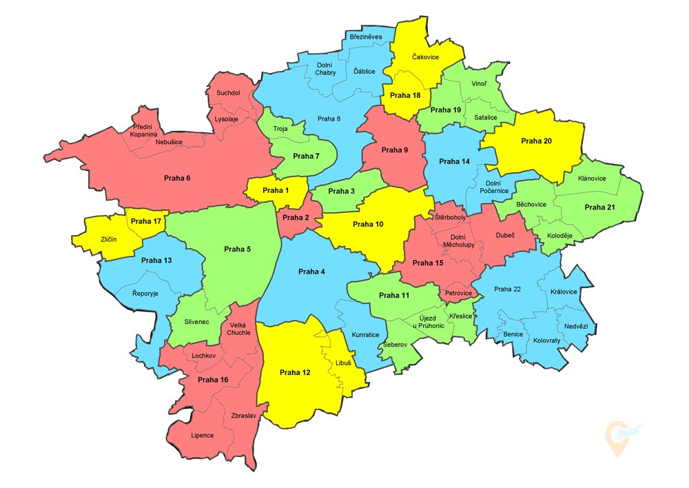Районы Праги на карте города