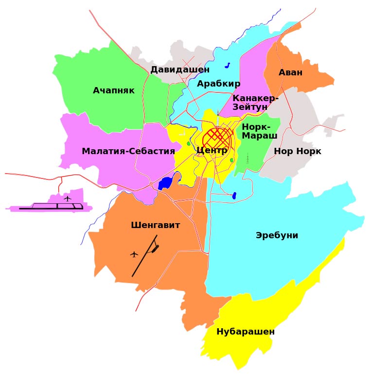 Районы Еравана на карте города